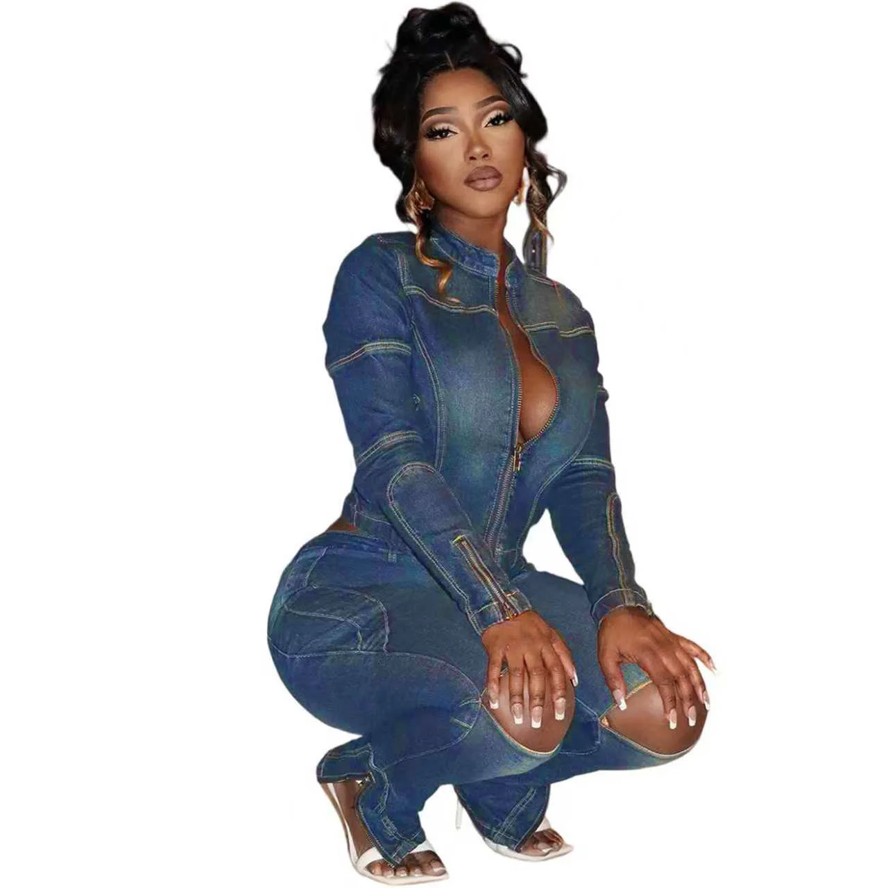 CM.YAYA Washed Denim Women's Set Full Sleeve Jacket and Long Jeans Pants Suit 2025 Fall Party Street Two 2 Piece Set Outfit
