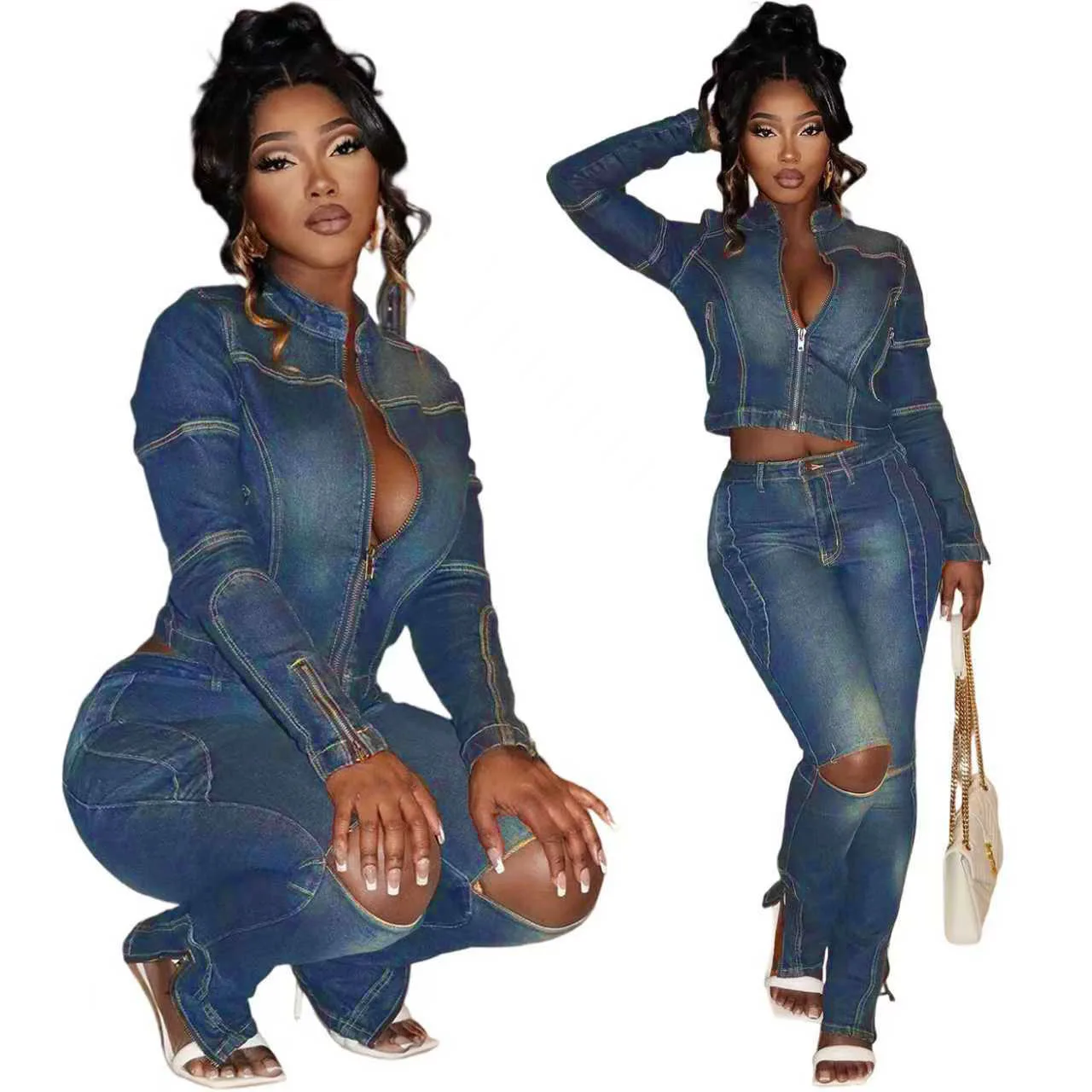 CM.YAYA Washed Denim Women's Set Full Sleeve Jacket and Long Jeans Pants Suit 2025 Fall Party Street Two 2 Piece Set Outfit