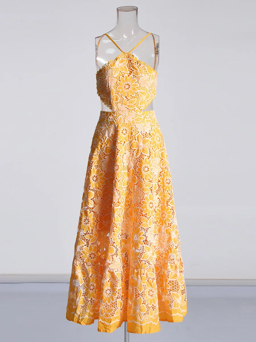 CM.YAYA Women Halter Neck Sleeveless Backless Lace Embroidery Maxi Long Dress Summer Birthday Vacation Beach Holiday Dresses CM.YAYA Women Halter Neck Sleeveless Backless Lace Embroidery Maxi Long Dress Summer Birthday Vacation Beach Holiday Dresses