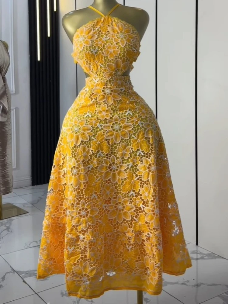 CM.YAYA Women Halter Neck Sleeveless Backless Lace Embroidery Maxi Long Dress Summer Birthday Vacation Beach Holiday Dresses CM.YAYA Women Halter Neck Sleeveless Backless Lace Embroidery Maxi Long Dress Summer Birthday Vacation Beach Holiday Dresses