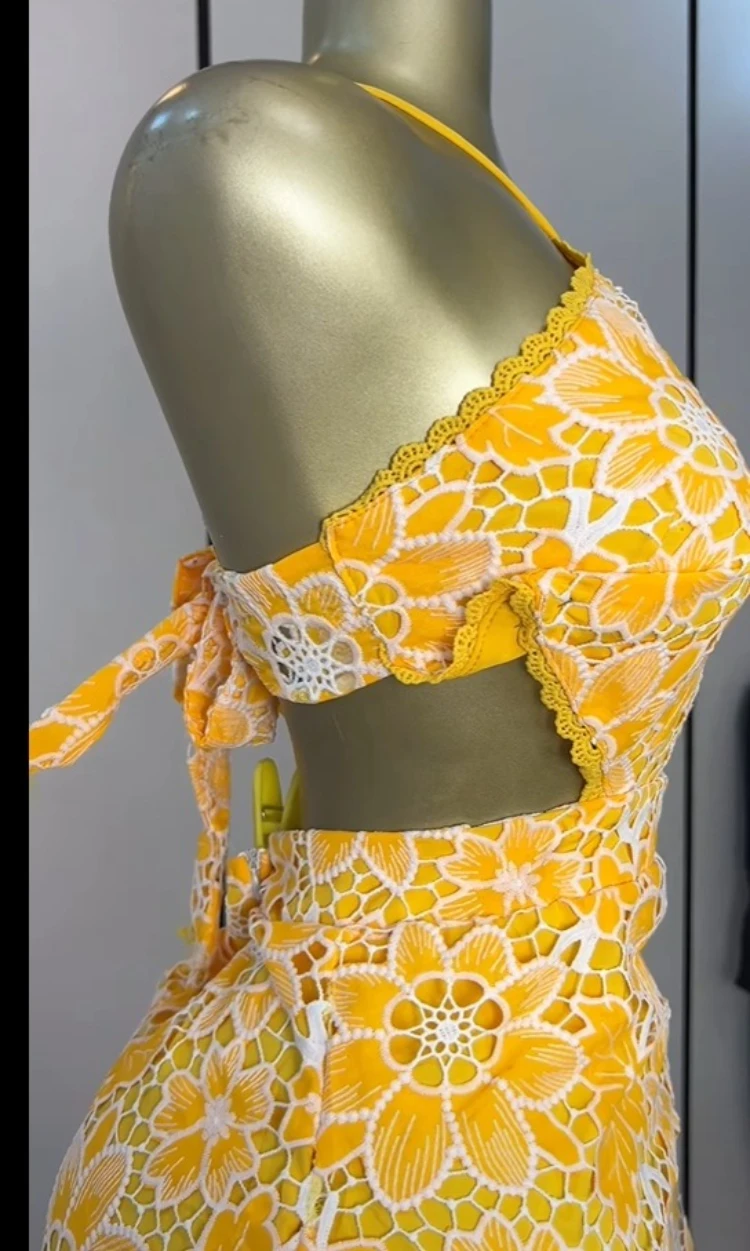 CM.YAYA Women Halter Neck Sleeveless Backless Lace Embroidery Maxi Long Dress Summer Birthday Vacation Beach Holiday Dresses