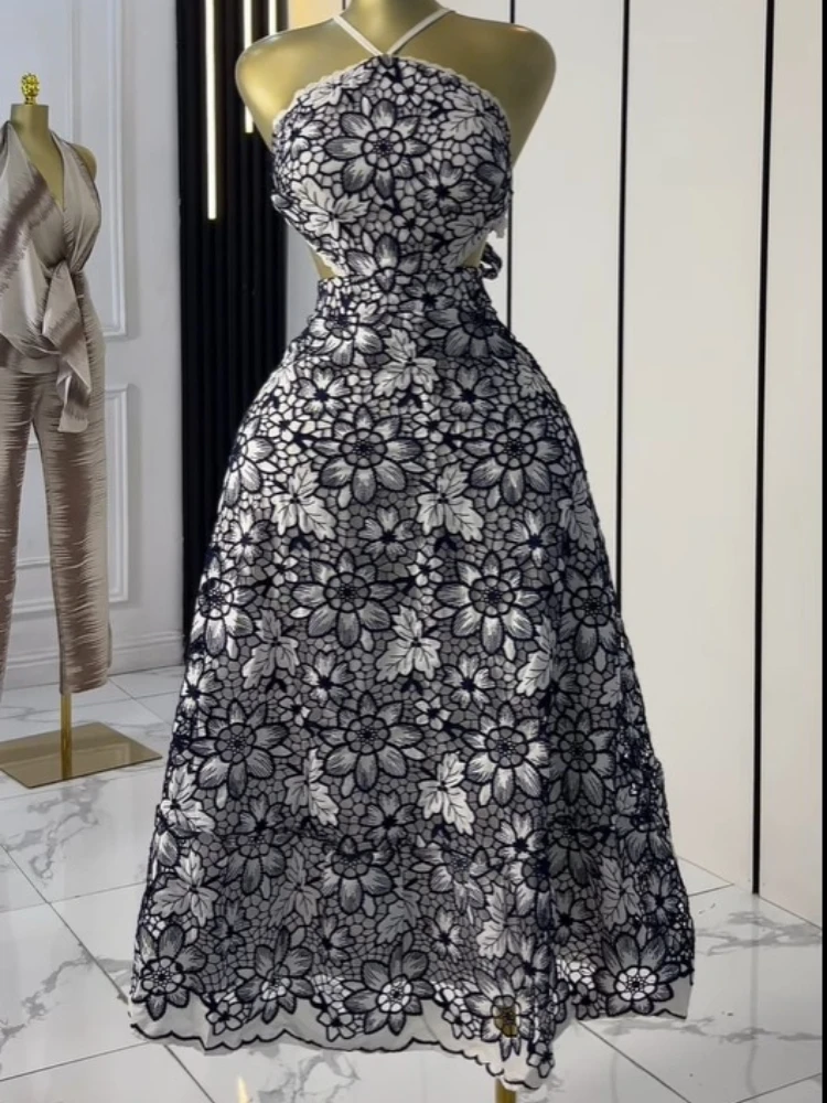 CM.YAYA Women Halter Neck Sleeveless Backless Lace Embroidery Maxi Long Dress Summer Birthday Vacation Beach Holiday Dresses CM.YAYA Women Halter Neck Sleeveless Backless Lace Embroidery Maxi Long Dress Summer Birthday Vacation Beach Holiday Dresses