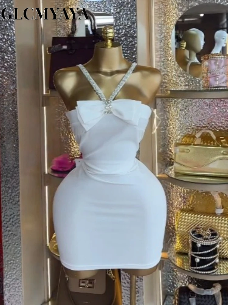 CM.YAYA Women Diamonds Hot Rhinestones Halter Neck Bodycon Midi Bow Mini Dress 2026 Education Party Vacation Dresses Vestidoss