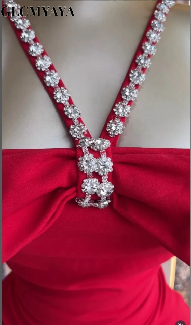 CM.YAYA Women Diamonds Hot Rhinestones Halter Neck Bodycon Midi Bow Mini Dress 2026 Education Party Vacation Dresses Vestidoss