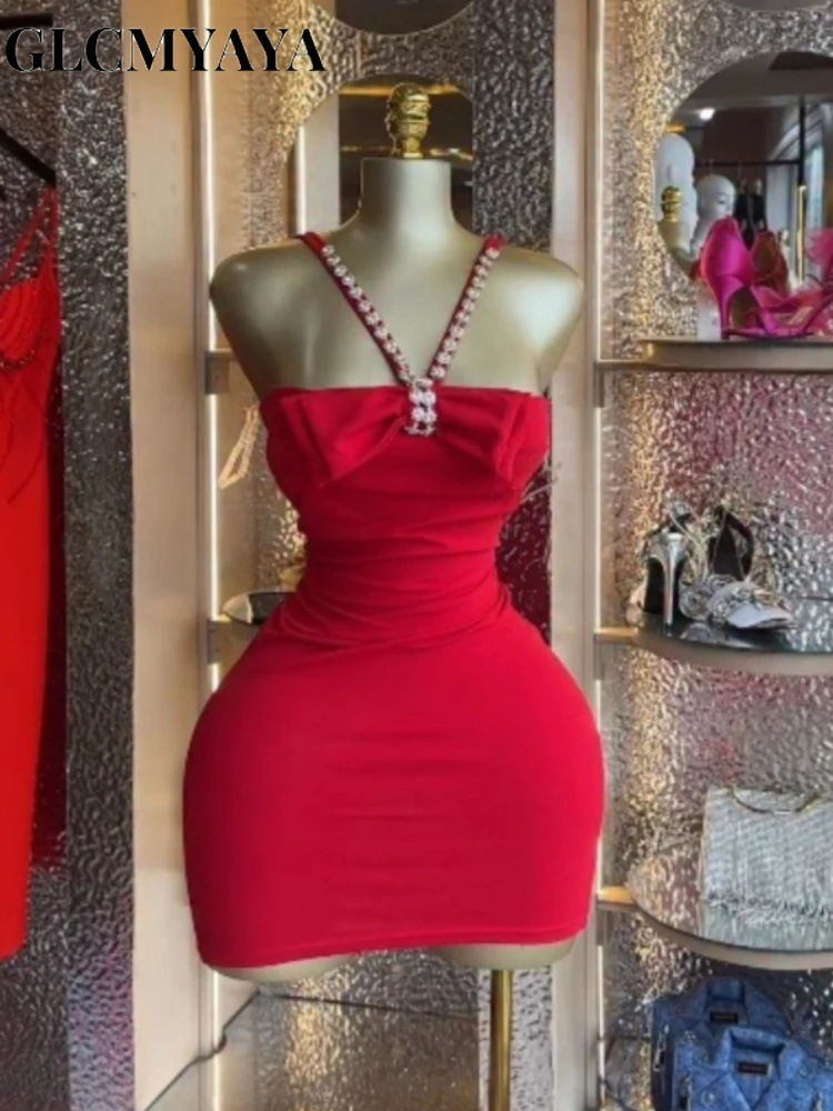 CM.YAYA Women Diamonds Hot Rhinestones Halter Neck Bodycon Midi Bow Mini Dress 2026 Education Party Vacation Dresses Vestidoss