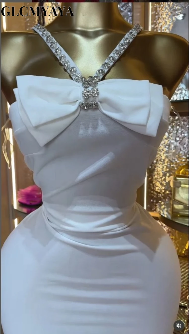 CM.YAYA Women Diamonds Hot Rhinestones Halter Neck Bodycon Midi Bow Mini Dress 2026 Education Party Vacation Dresses Vestidoss