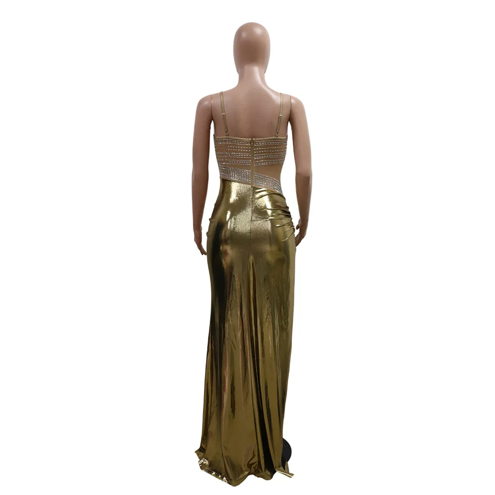 CM.YAYA Summer Sleeveless Split Rhinestone Long Dress mesh see through Fashion Evening Vestidos Sexy Party Club Birthday Dresses