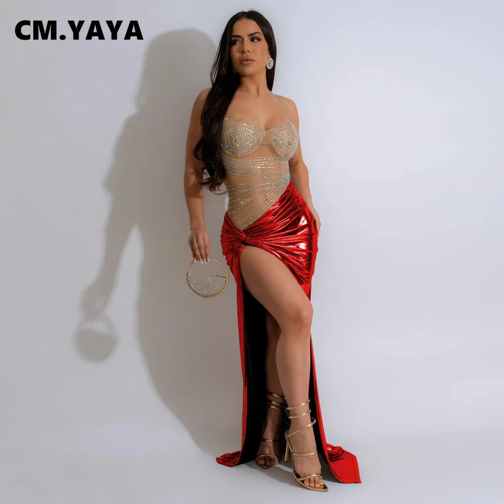 CM.YAYA Summer Sleeveless Split Rhinestone Long Dress mesh see through Fashion Evening Vestidos Sexy Party Club Birthday Dresses CM.YAYA Summer Sleeveless Split Rhinestone Long Dress mesh see through Fashion Evening Vestidos Sexy Party Club Birthday Dresses