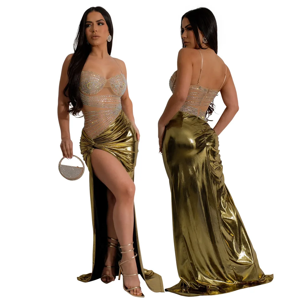 CM.YAYA Summer Sleeveless Split Rhinestone Long Dress mesh see through Fashion Evening Vestidos Sexy Party Club Birthday Dresses