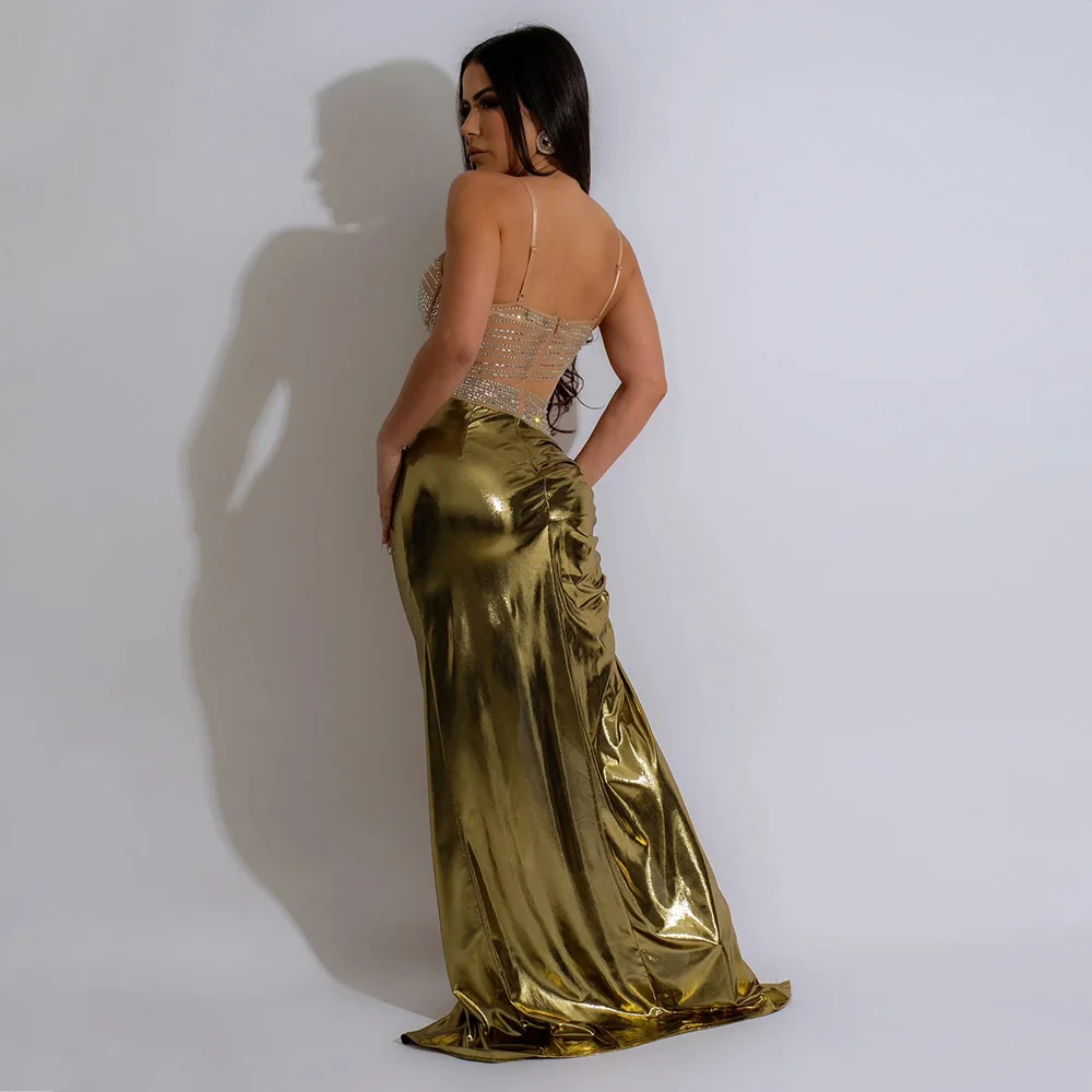 CM.YAYA Summer Sleeveless Split Rhinestone Long Dress mesh see through Fashion Evening Vestidos Sexy Party Club Birthday Dresses