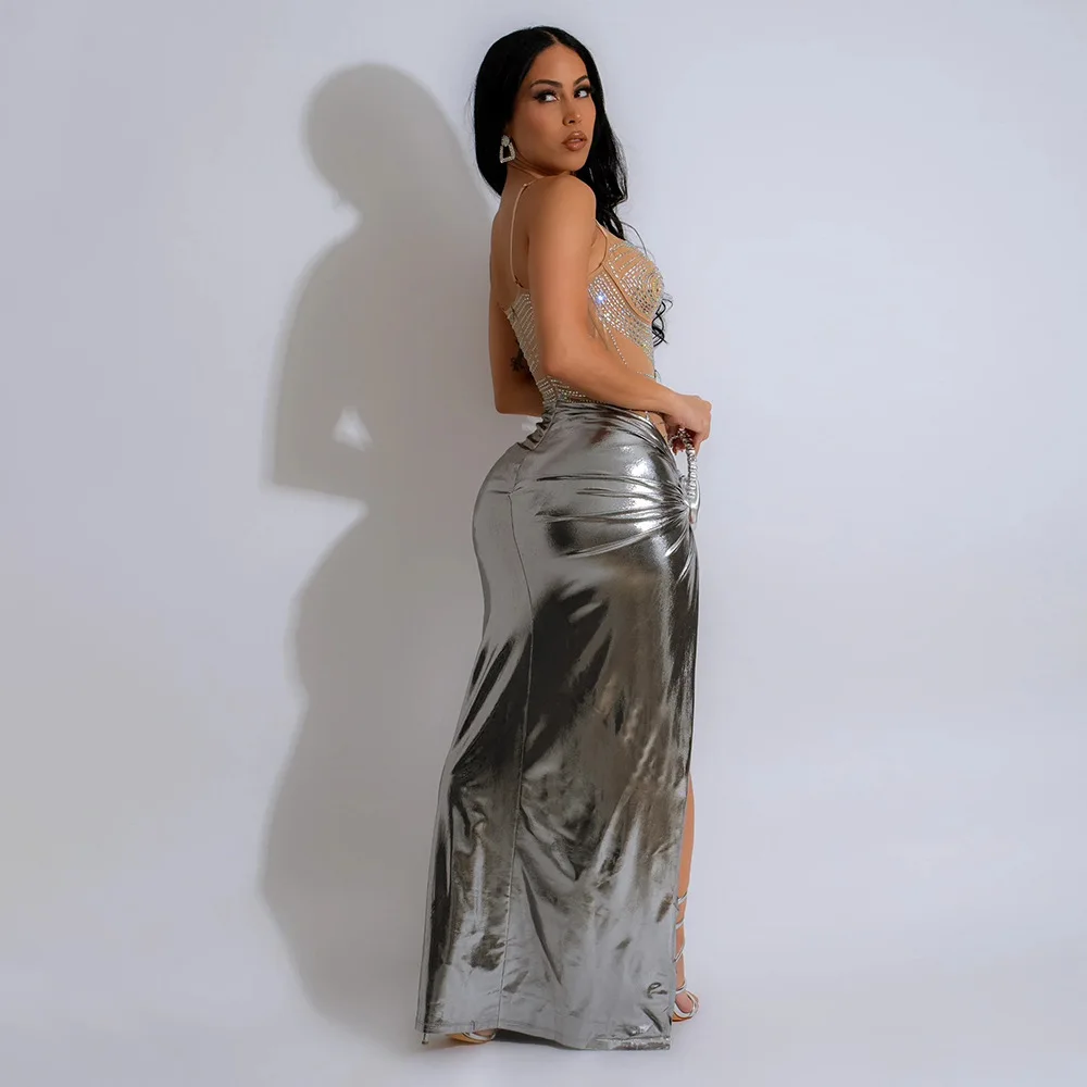 CM.YAYA Summer Sleeveless Split Rhinestone Long Dress mesh see through Fashion Evening Vestidos Sexy Party Club Birthday Dresses