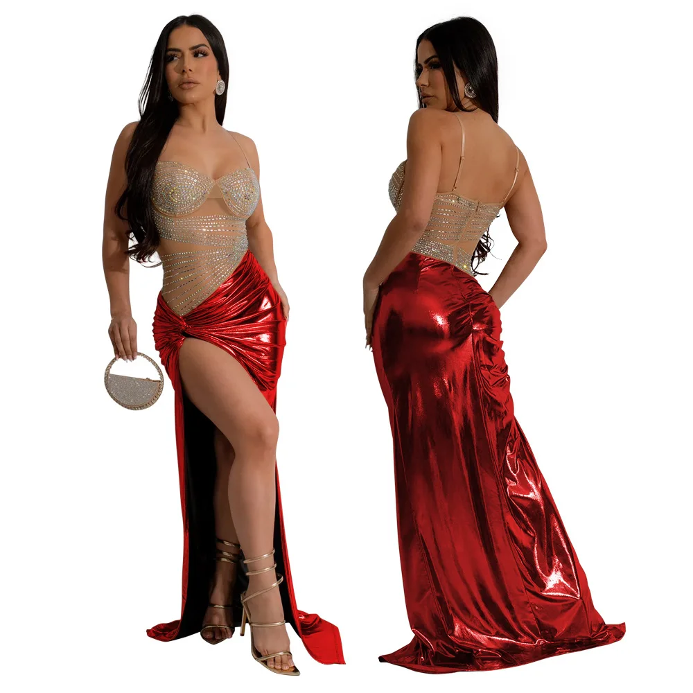 CM.YAYA Summer Sleeveless Split Rhinestone Long Dress mesh see through Fashion Evening Vestidos Sexy Party Club Birthday Dresses