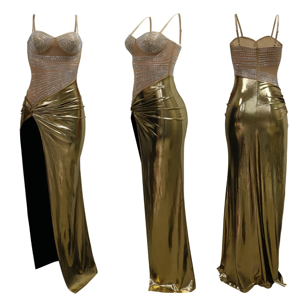 CM.YAYA Summer Sleeveless Split Rhinestone Long Dress mesh see through Fashion Evening Vestidos Sexy Party Club Birthday Dresses