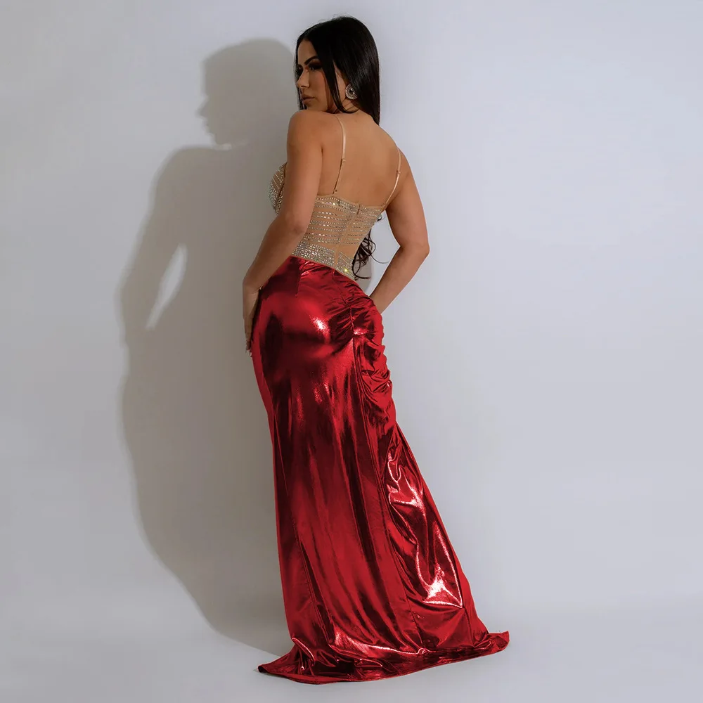 CM.YAYA Summer Sleeveless Split Rhinestone Long Dress mesh see through Fashion Evening Vestidos Sexy Party Club Birthday Dresses