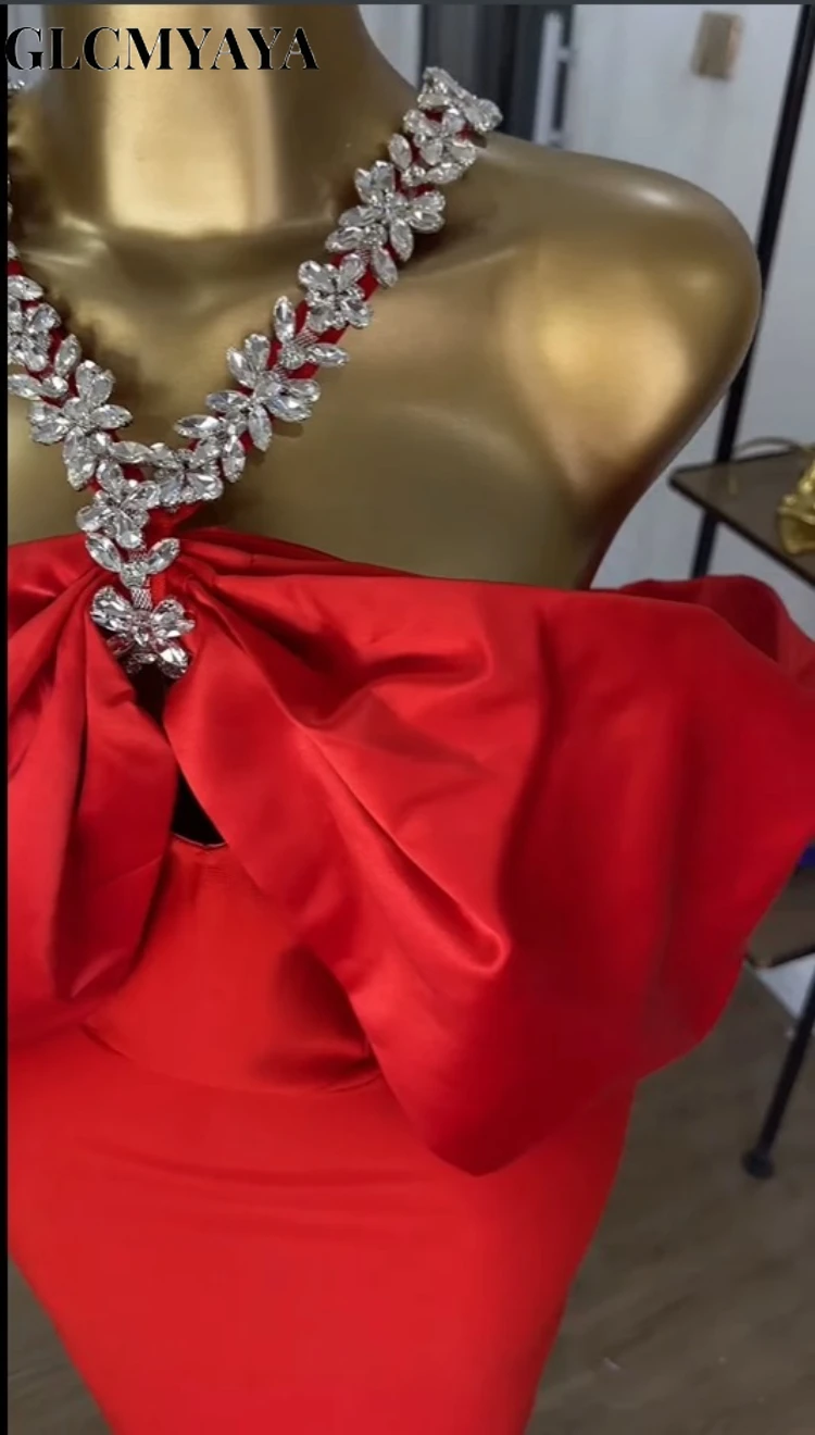 CM.YAYA Women Crystal Diamonds Hot Rhinestones Halter Neck Bodycon Midi Maxi Long Dress 2025 Sexy Holiday Party Birthday Dresses