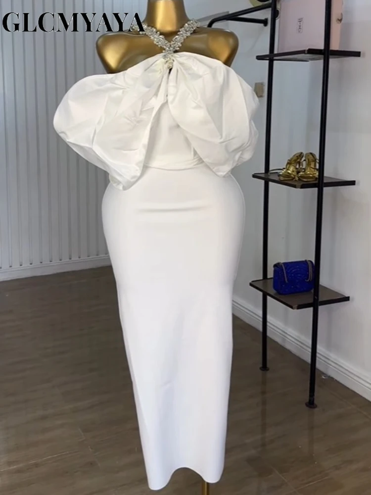 CM.YAYA Women Crystal Diamonds Hot Rhinestones Halter Neck Bodycon Midi Maxi Long Dress 2025 Sexy Holiday Party Birthday Dresses