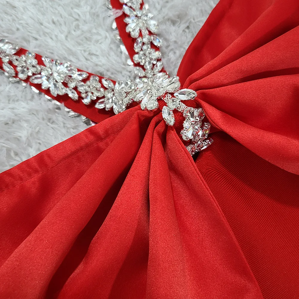 CM.YAYA Women Crystal Diamonds Hot Rhinestones Halter Neck Bodycon Midi Maxi Long Dress 2025 Sexy Holiday Party Birthday Dresses