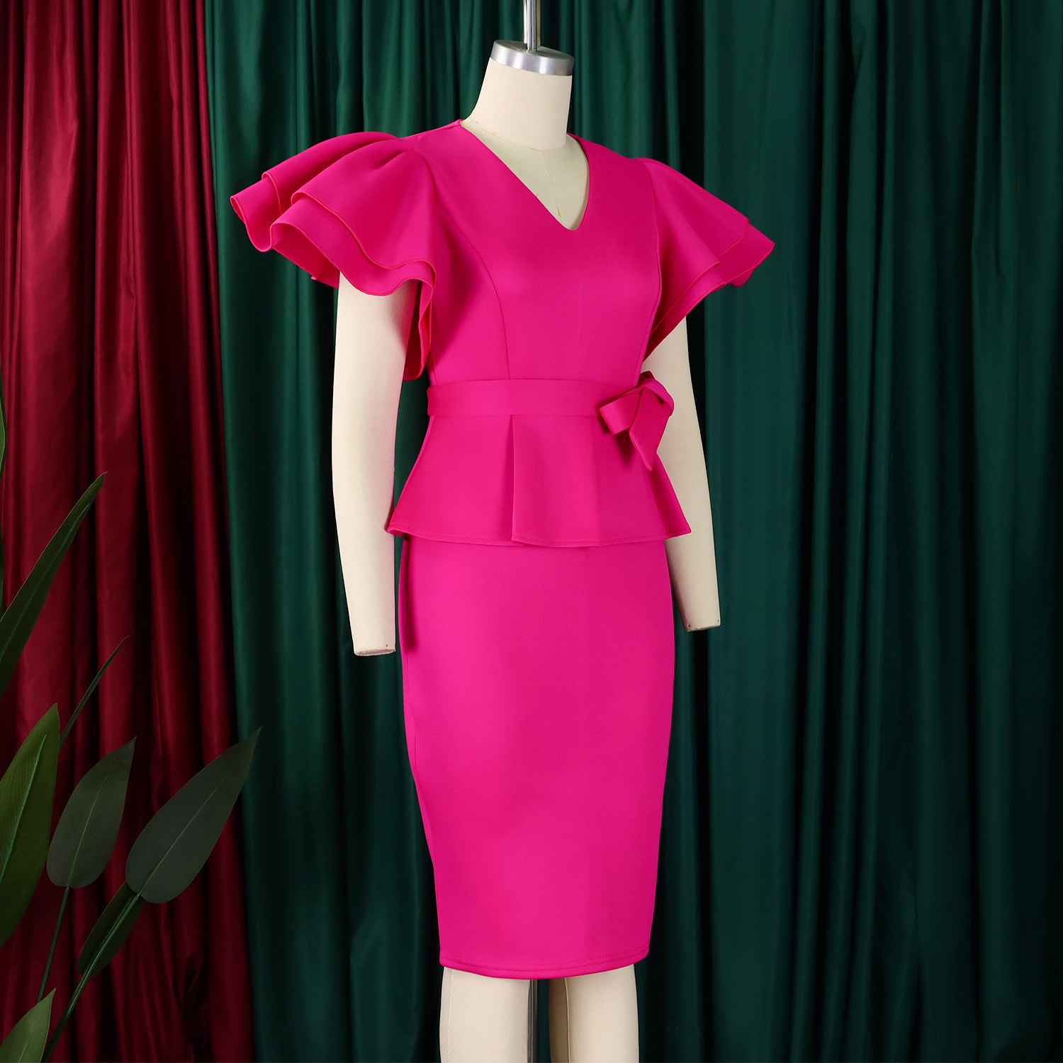 CM.YAYA Women Short Sleeve V-neck Belt High Waist Midi Dress 2025 Summer Africa OL Work Evening Sexy Party Dresses Vestidos CM.YAYA Women Short Sleeve V-neck Belt High Waist Midi Dress 2025 Summer Africa OL Work Evening Sexy Party Dresses Vestidos