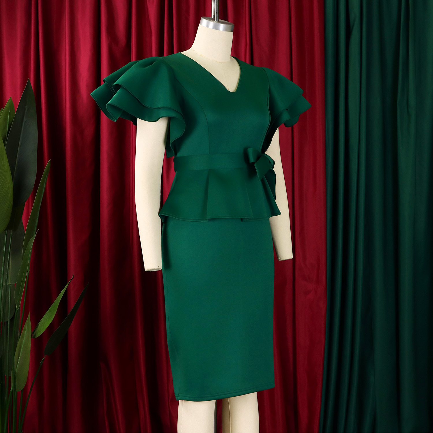 CM.YAYA Women Short Sleeve V-neck Belt High Waist Midi Dress 2025 Summer Africa OL Work Evening Sexy Party Dresses Vestidos CM.YAYA Women Short Sleeve V-neck Belt High Waist Midi Dress 2025 Summer Africa OL Work Evening Sexy Party Dresses Vestidos