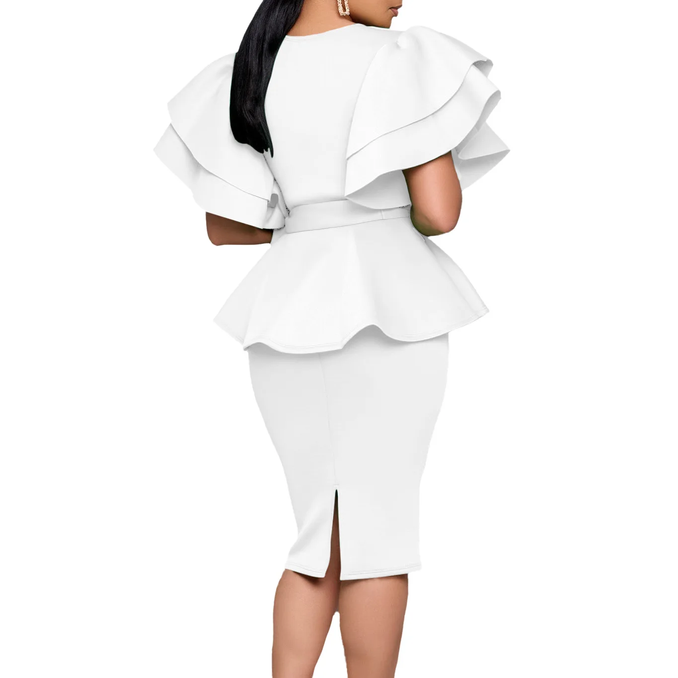 CM.YAYA Women Short Sleeve V-neck Belt High Waist Midi Dress 2025 Summer Africa OL Work Evening Sexy Party Dresses Vestidos CM.YAYA Women Short Sleeve V-neck Belt High Waist Midi Dress 2025 Summer Africa OL Work Evening Sexy Party Dresses Vestidos