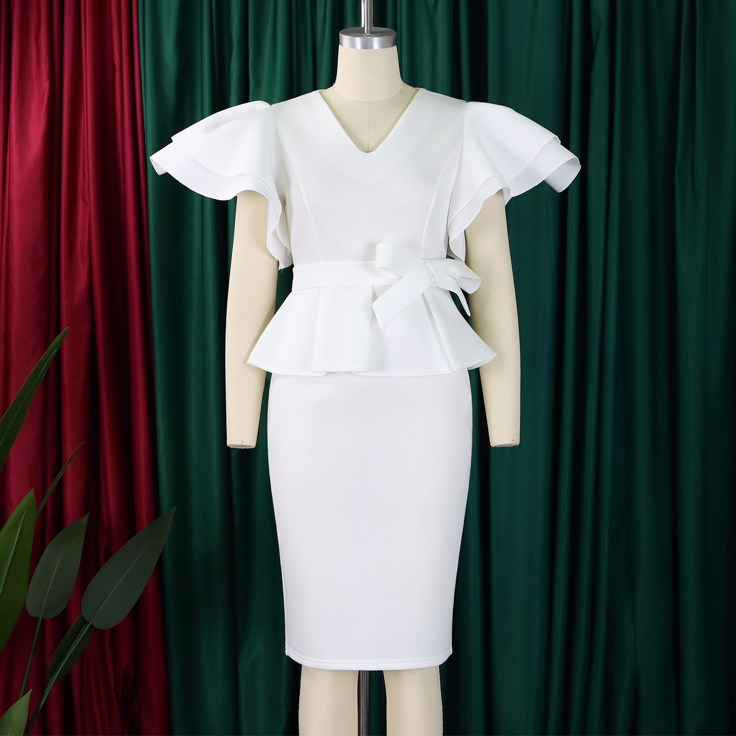 CM.YAYA Women Short Sleeve V-neck Belt High Waist Midi Dress 2025 Summer Africa OL Work Evening Sexy Party Dresses Vestidos CM.YAYA Women Short Sleeve V-neck Belt High Waist Midi Dress 2025 Summer Africa OL Work Evening Sexy Party Dresses Vestidos