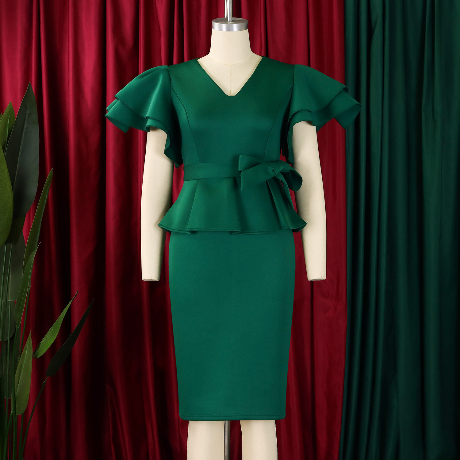 CM.YAYA Women Short Sleeve V-neck Belt High Waist Midi Dress 2025 Summer Africa OL Work Evening Sexy Party Dresses Vestidos CM.YAYA Women Short Sleeve V-neck Belt High Waist Midi Dress 2025 Summer Africa OL Work Evening Sexy Party Dresses Vestidos