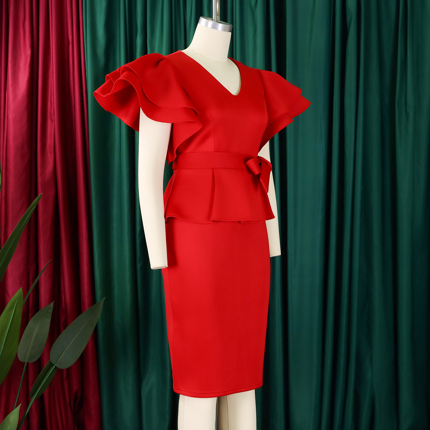 CM.YAYA Women Short Sleeve V-neck Belt High Waist Midi Dress 2025 Summer Africa OL Work Evening Sexy Party Dresses Vestidos CM.YAYA Women Short Sleeve V-neck Belt High Waist Midi Dress 2025 Summer Africa OL Work Evening Sexy Party Dresses Vestidos