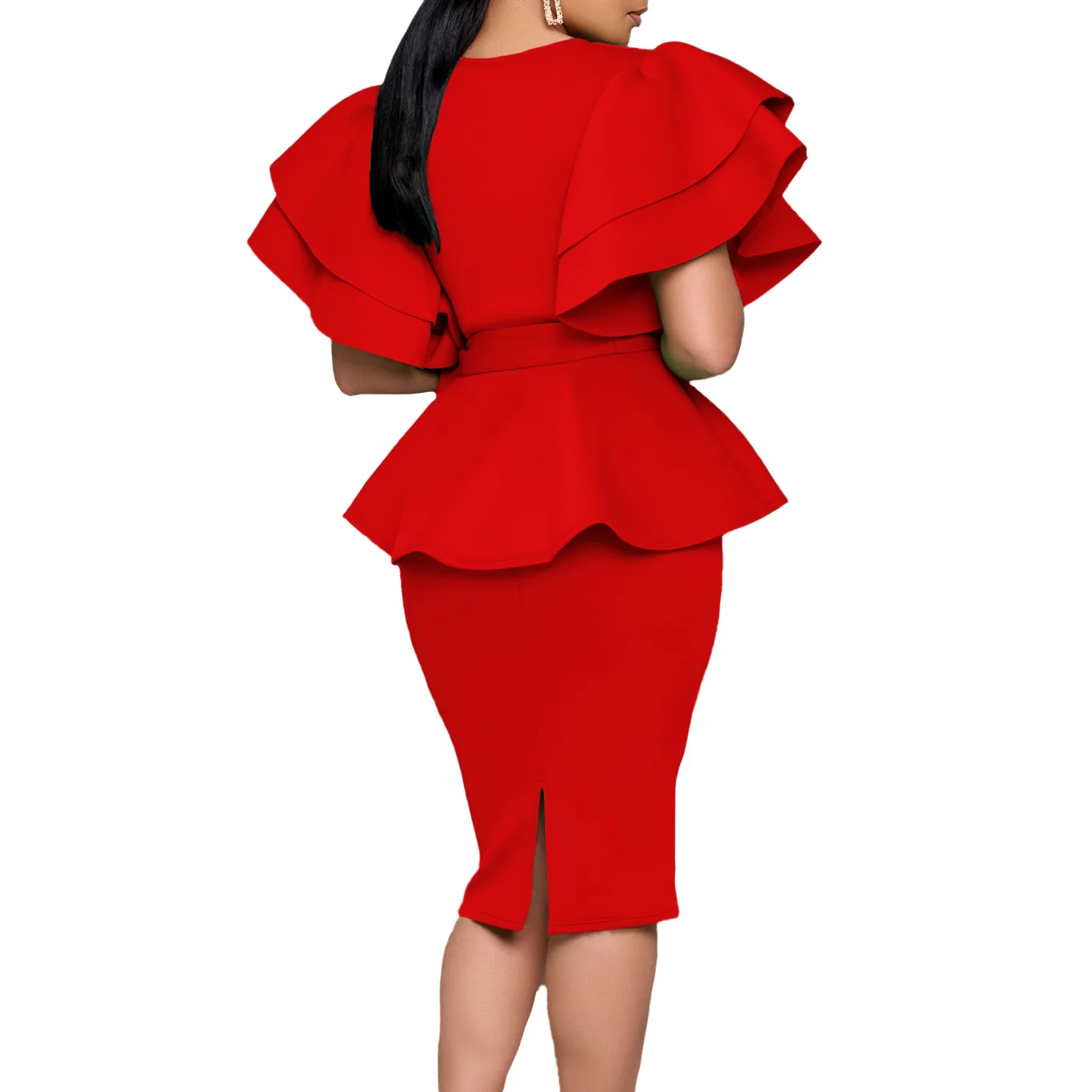 CM.YAYA Women Short Sleeve V-neck Belt High Waist Midi Dress 2025 Summer Africa OL Work Evening Sexy Party Dresses Vestidos CM.YAYA Women Short Sleeve V-neck Belt High Waist Midi Dress 2025 Summer Africa OL Work Evening Sexy Party Dresses Vestidos