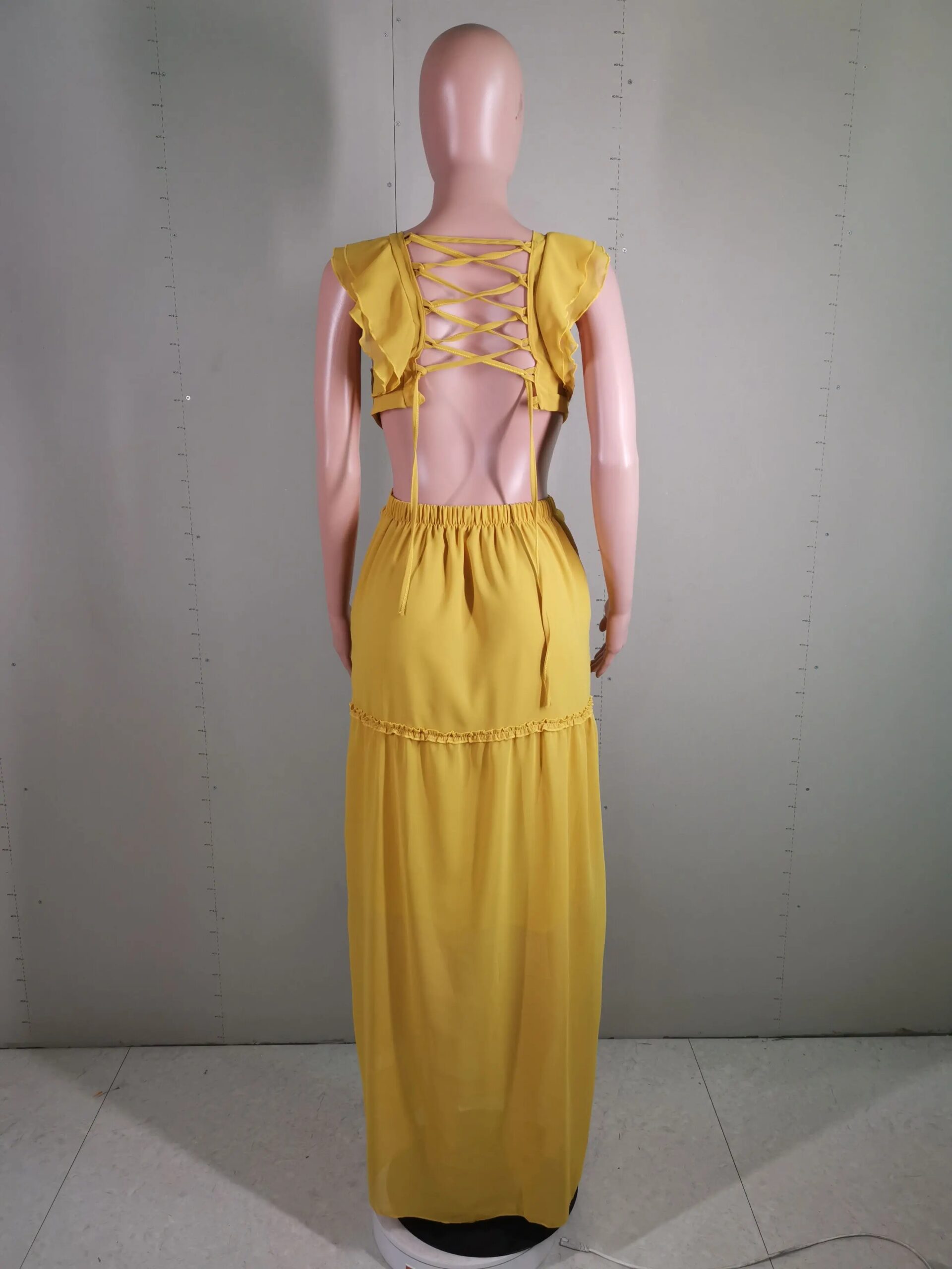 CM.YAYA Summer Women Ruffles V-neck Sleeveless Lace Up Open Back Maxi Long Dress 2022 New Beach Holiday Dresses