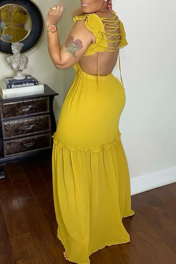 CM.YAYA Summer Women Ruffles V-neck Sleeveless Lace Up Open Back Maxi Long Dress 2022 New Beach Holiday Dresses