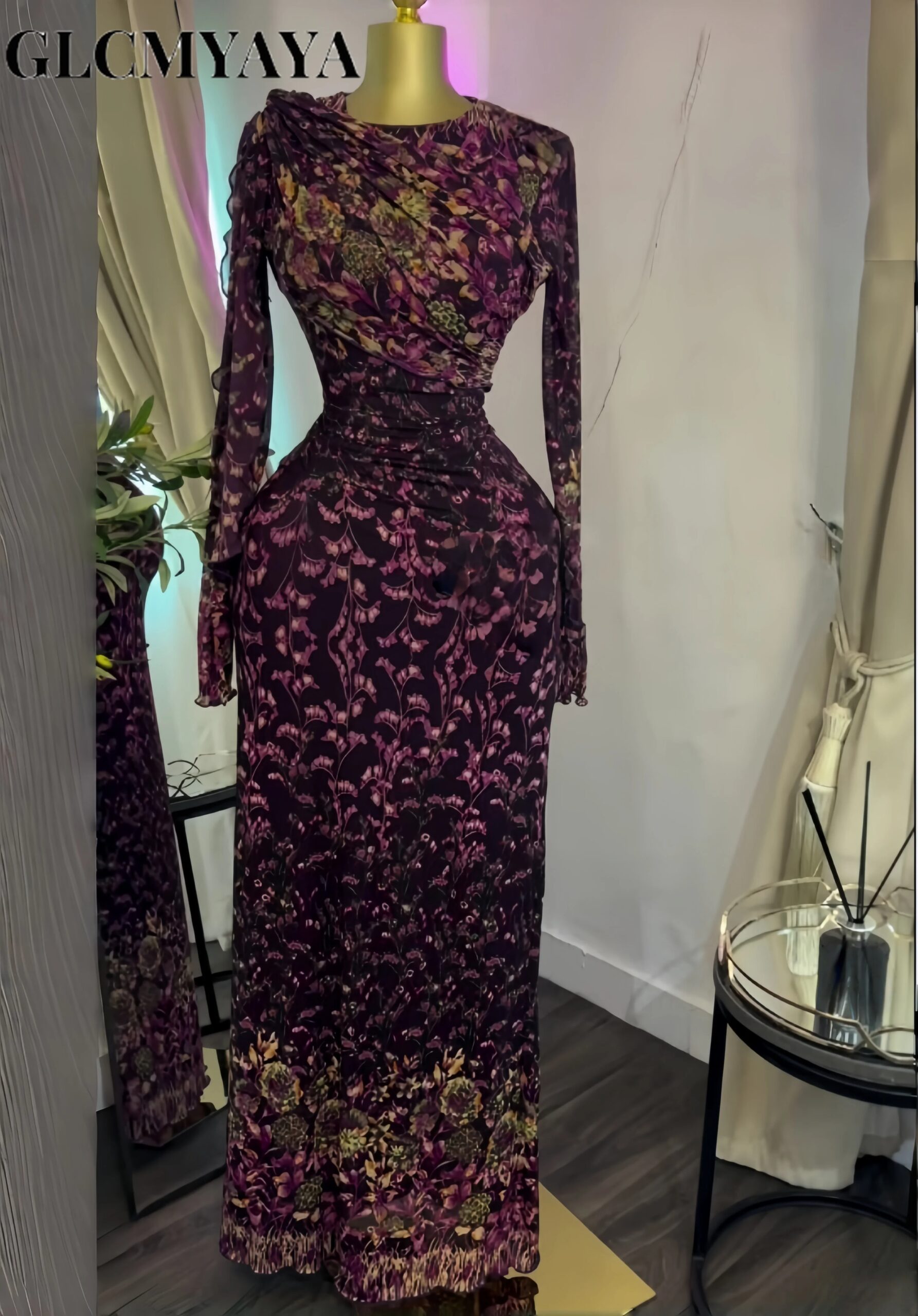 GLCMYAYA Women 3D Floral Printed Long Sleeve Multi-wear Bodycon Midi Maxi Dress 2026 Street Beach Holiday Long Dresses Vestido