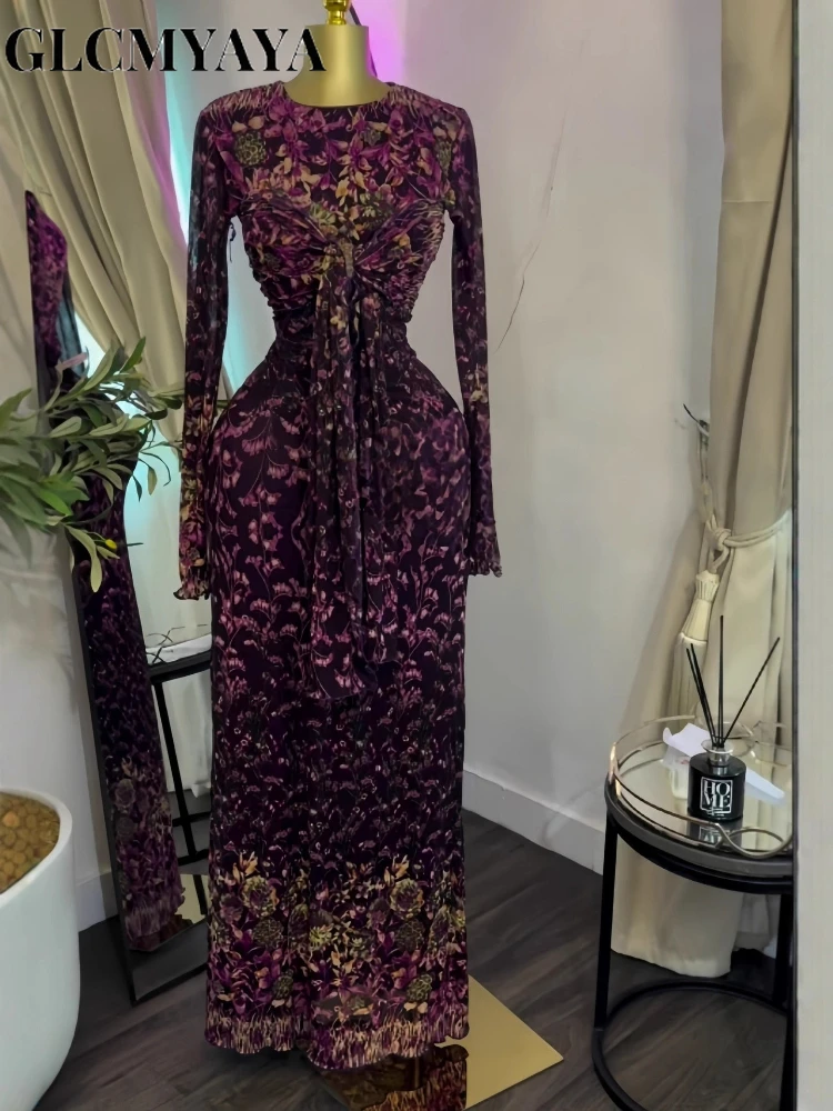 GLCMYAYA Women 3D Floral Printed Long Sleeve Multi-wear Bodycon Midi Maxi Dress 2026 Street Beach Holiday Long Dresses Vestido