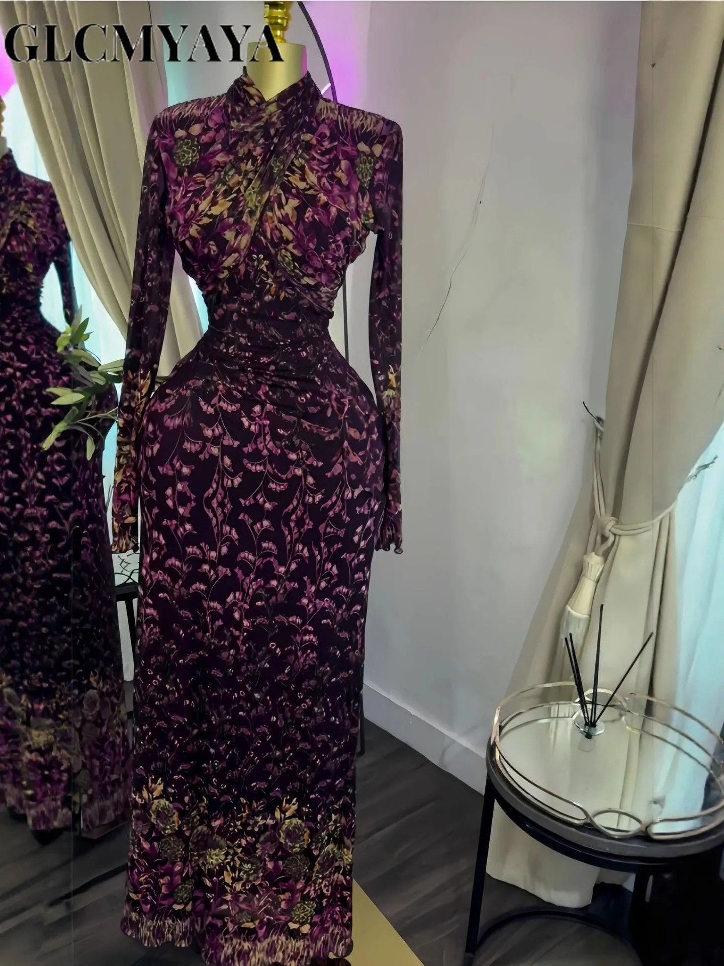 GLCMYAYA Women 3D Floral Printed Long Sleeve Multi-wear Bodycon Midi Maxi Dress 2026 Street Beach Holiday Long Dresses Vestido