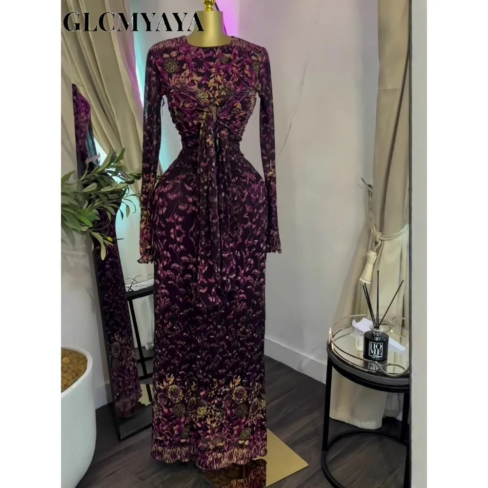GLCMYAYA Women 3D Floral Printed Long Sleeve Multi-wear Bodycon Midi Maxi Dress 2026 Street Beach Holiday Long Dresses Vestido