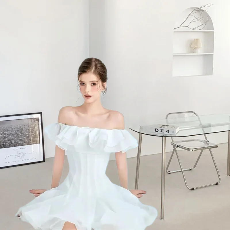 CM.YAYA Women Ruffles Butterfly Off Shoulder Ruffles Hem Big Swing Tunic Mini Dress 2025 Summer Birthday Sexy Party Dresses