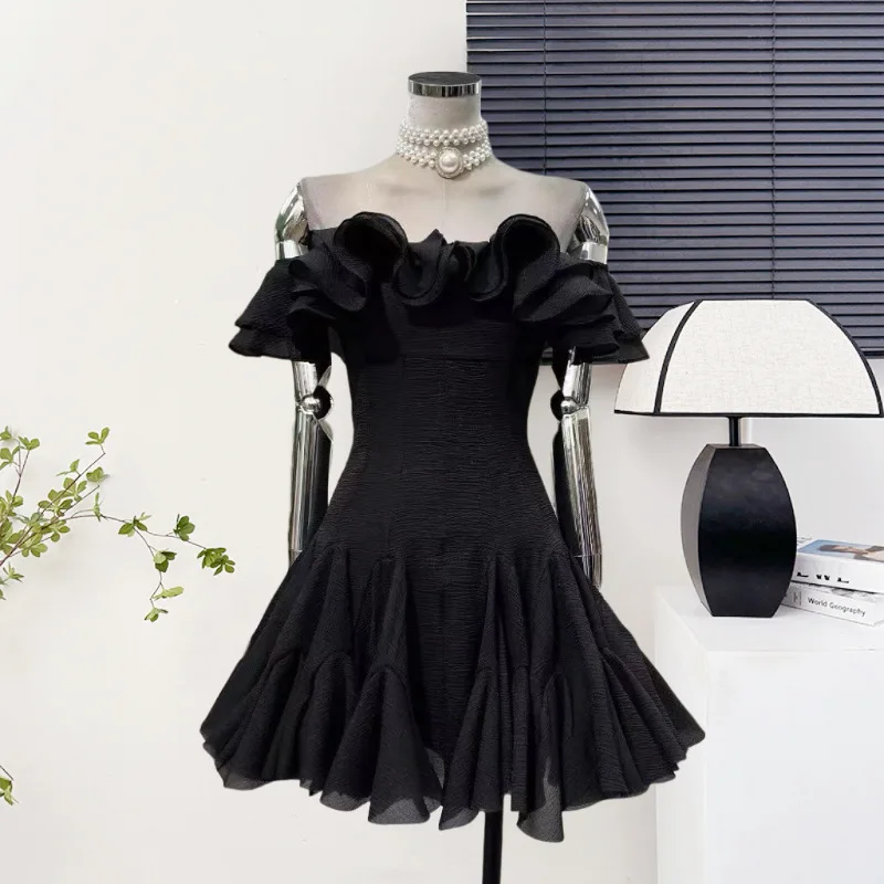 CM.YAYA Women Ruffles Butterfly Off Shoulder Ruffles Hem Big Swing Tunic Mini Dress 2025 Summer Birthday Sexy Party Dresses