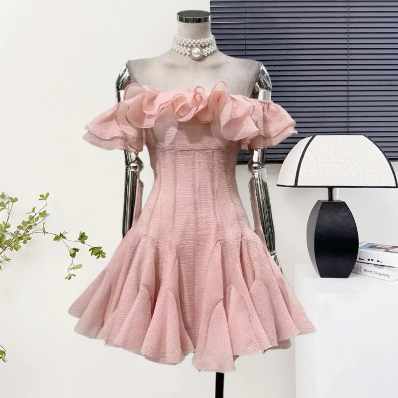 CM.YAYA Women Ruffles Butterfly Off Shoulder Ruffles Hem Big Swing Tunic Mini Dress 2025 Summer Birthday Sexy Party Dresses