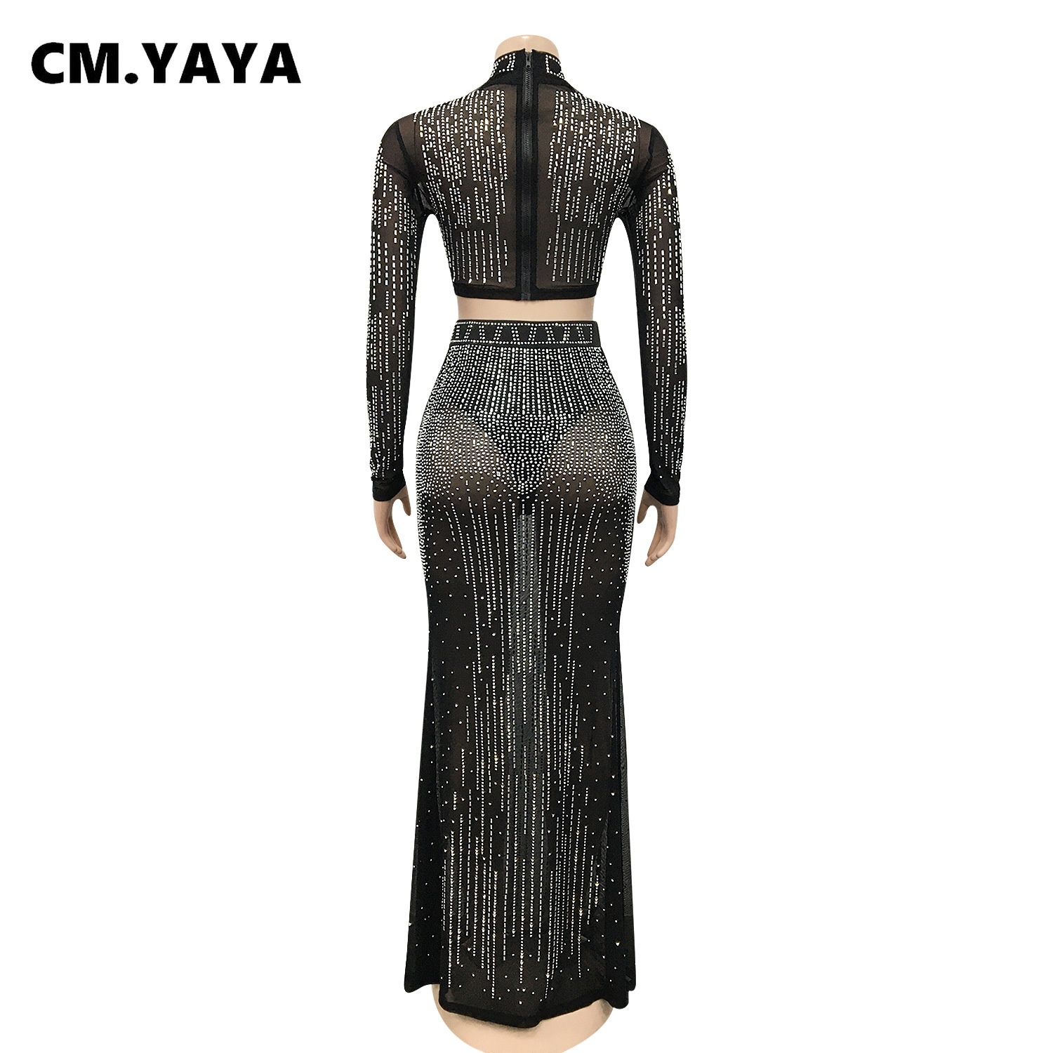 CM.YAYA Women Mesh See Though Hot Rhinestones Diamonds Patchwork Maxi Midi Dress Sexy Party Long Skirts Suit Matching Set