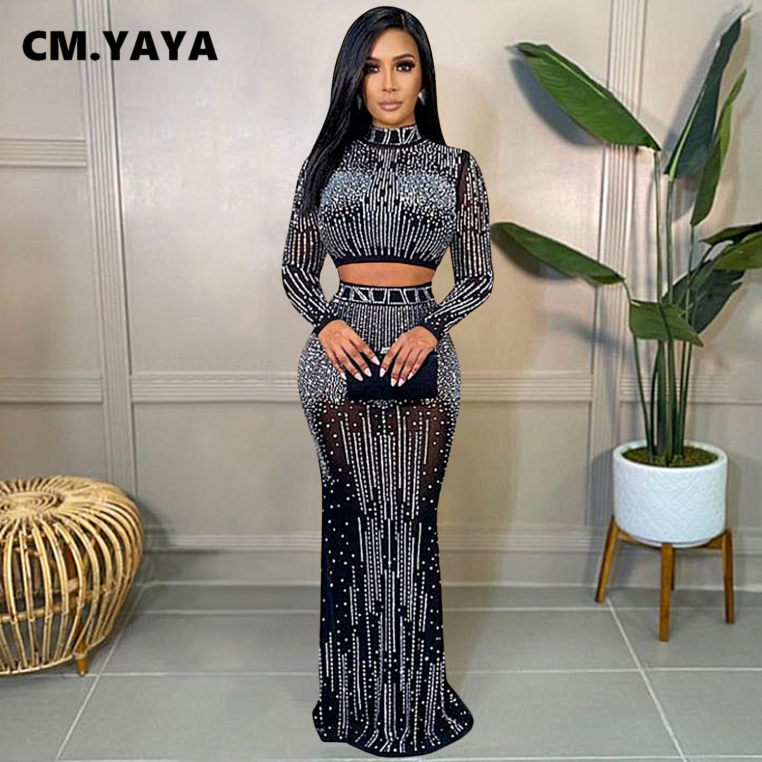CM.YAYA Women Mesh See Though Hot Rhinestones Diamonds Patchwork Maxi Midi Dress Sexy Party Long Skirts Suit Matching Set