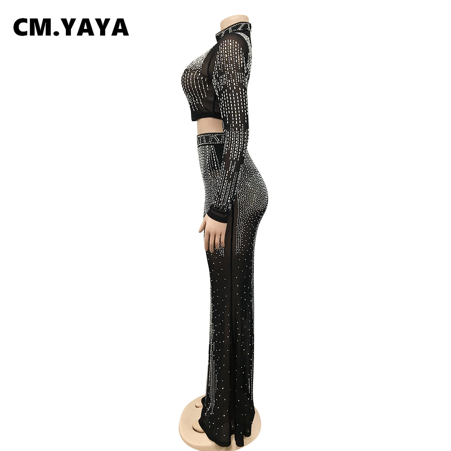 CM.YAYA Women Mesh See Though Hot Rhinestones Diamonds Patchwork Maxi Midi Dress Sexy Party Long Skirts Suit Matching Set