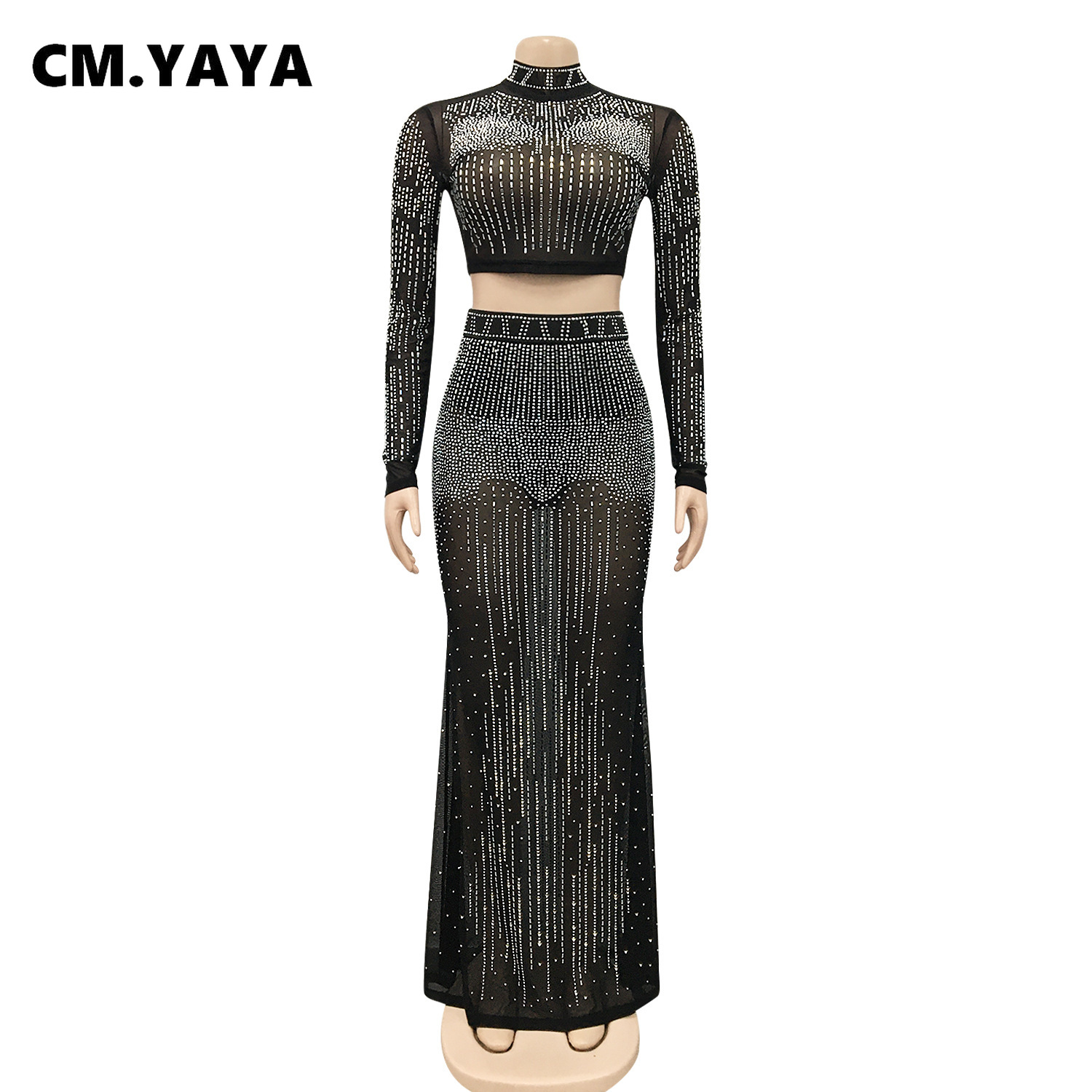 CM.YAYA Women Mesh See Though Hot Rhinestones Diamonds Patchwork Maxi Midi Dress Sexy Party Long Skirts Suit Matching Set