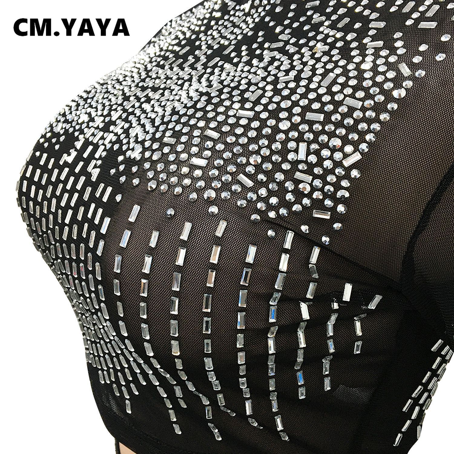 CM.YAYA Women Mesh See Though Hot Rhinestones Diamonds Patchwork Maxi Midi Dress Sexy Party Long Skirts Suit Matching Set