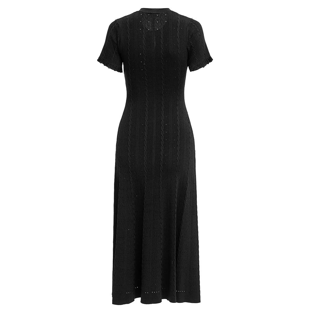 GLCMYAYA Women Single Breasted O-neck Short Sleeve Knit Ribbed Bodycon Midi Dress 2025 Vacation Sexy Party Club Vestidos Dresses