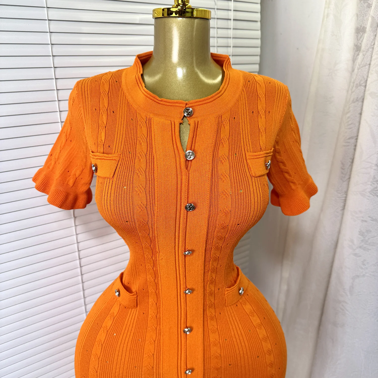 GLCMYAYA Women Single Breasted O-neck Short Sleeve Knit Ribbed Bodycon Midi Dress 2025 Vacation Sexy Party Club Vestidos Dresses