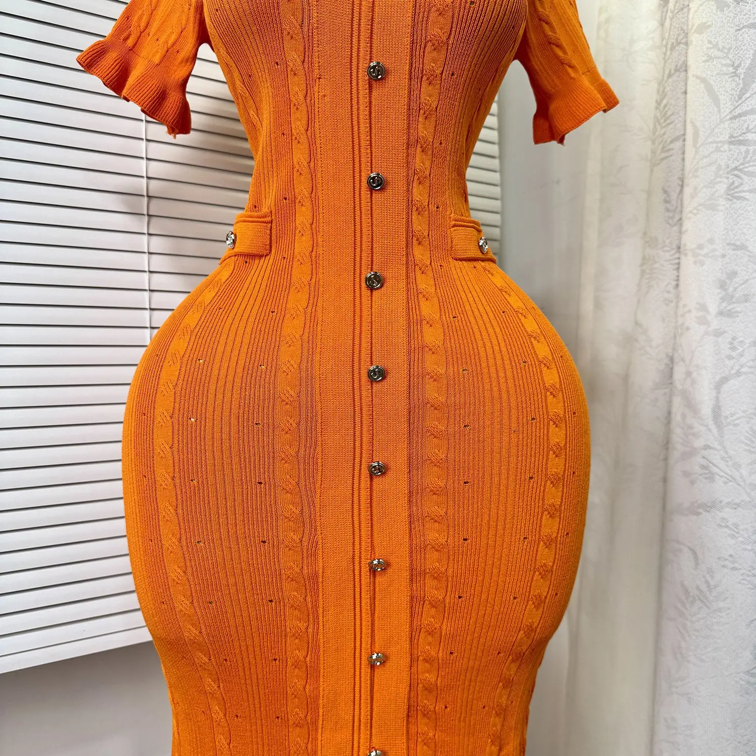 GLCMYAYA Women Single Breasted O-neck Short Sleeve Knit Ribbed Bodycon Midi Dress 2025 Vacation Sexy Party Club Vestidos Dresses