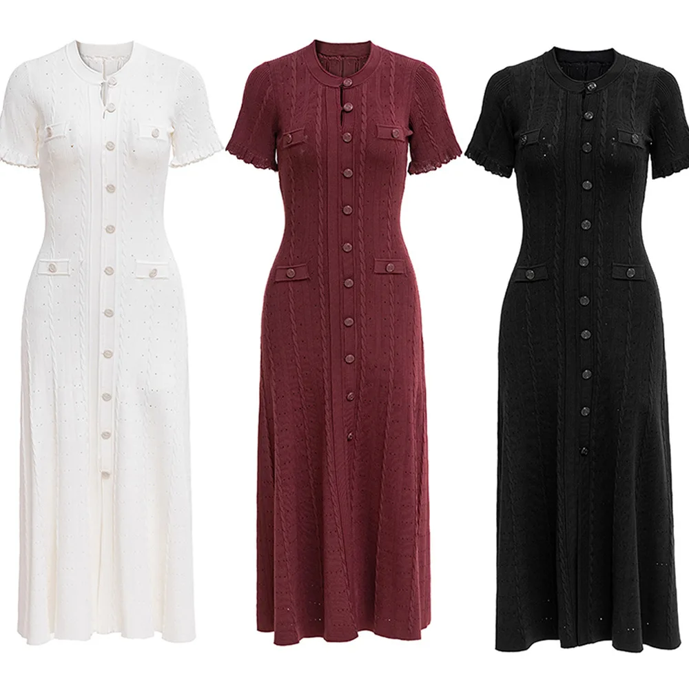 GLCMYAYA Women Single Breasted O-neck Short Sleeve Knit Ribbed Bodycon Midi Dress 2025 Vacation Sexy Party Club Vestidos Dresses