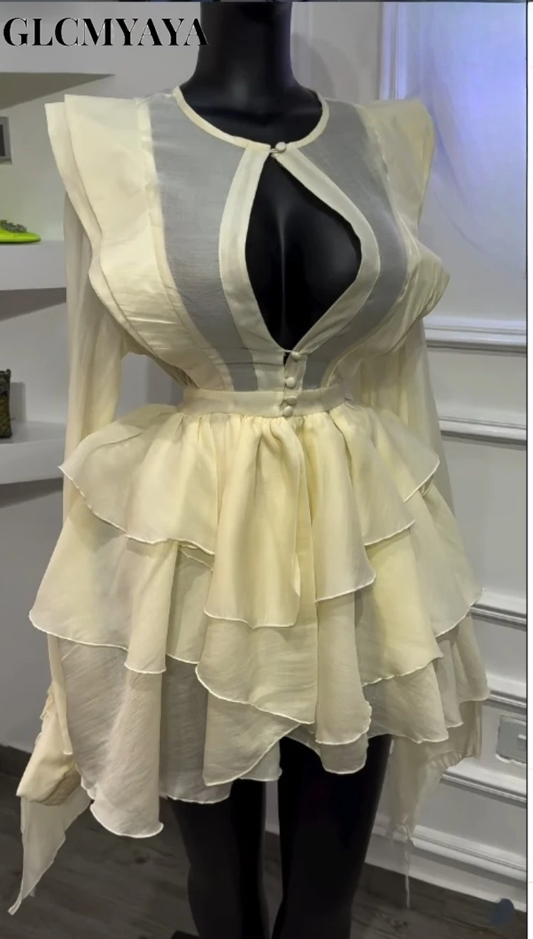 CM.YAYA Women Cascading Ruffles Smock Cutout Front Long Sleeve Mini Dress 2026 Street Party Education Holiday Dresses Vestidos