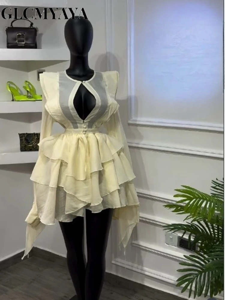 CM.YAYA Women Cascading Ruffles Smock Cutout Front Long Sleeve Mini Dress 2026 Street Party Education Holiday Dresses Vestidos