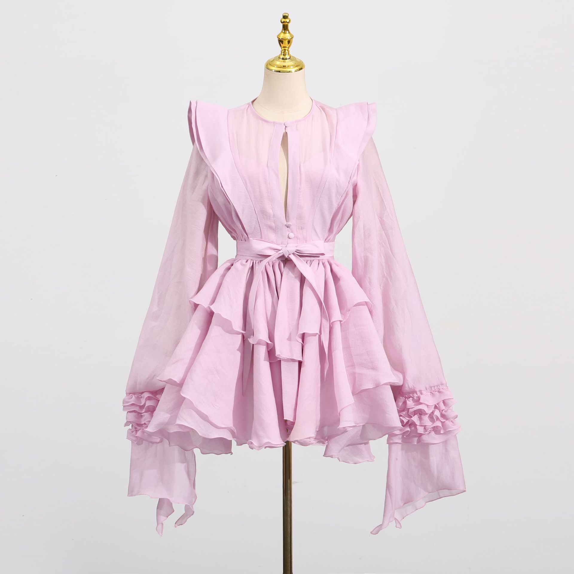 CM.YAYA Women Cascading Ruffles Smock Cutout Front Long Sleeve Mini Dress 2026 Street Party Education Holiday Dresses Vestidos CM.YAYA Women Cascading Ruffles Smock Cutout Front Long Sleeve Mini Dress 2026 Street Party Education Holiday Dresses Vestidos