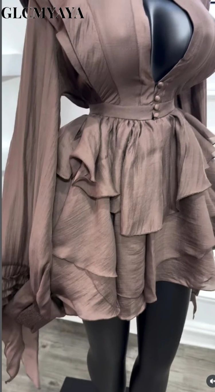 CM.YAYA Women Cascading Ruffles Smock Cutout Front Long Sleeve Mini Dress 2026 Street Party Education Holiday Dresses Vestidos